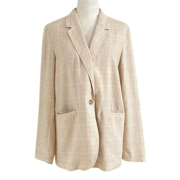 UNIQLO WOMEN'S LIGHT BEIGE WHITE BLUE PLAID SINGLE BREASTED SLOUCHY BLAZER - M - Picture 1 of 10